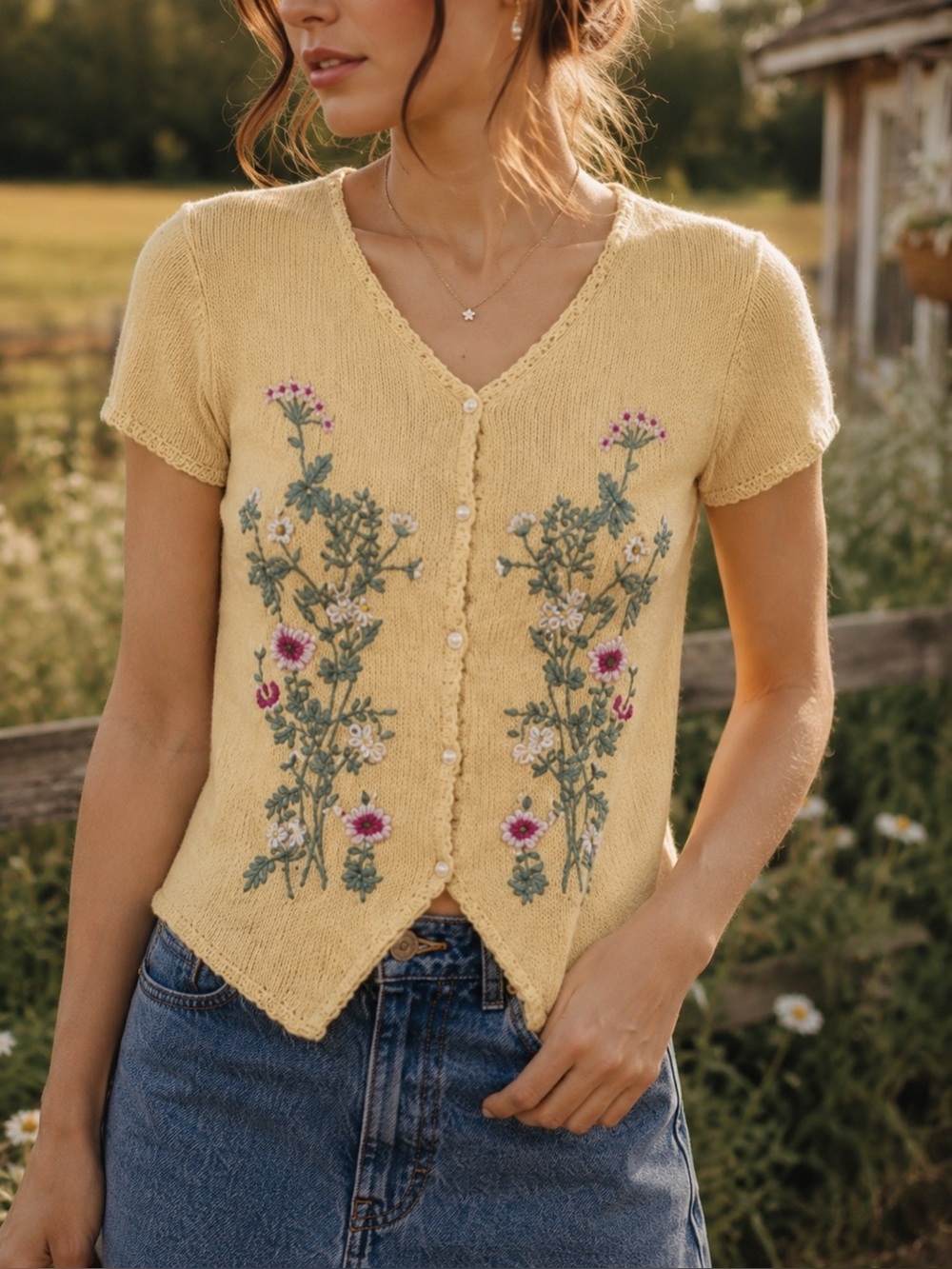 Vintage Floral Embroidered Button Down Knit Top Yellow Whimsy Cottagecore Boho